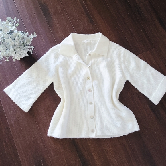 a loves a Sweaters A Loves A Polo Button Front Elbow Length Rolltab Sleeve Wool Blend